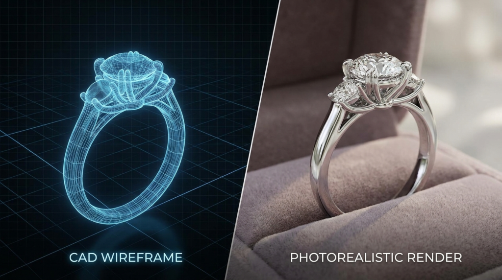 3D Jewelry Modeling process showing ring wireframe CAD model next to finished ring render
