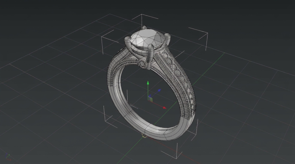 3D jewelry modeling software showing a ring design in progress