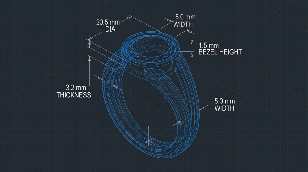 CAD jewelry model showing precise millimeter measurements