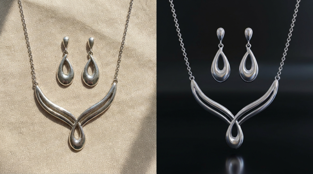 Comparison of standard product photo versus 3D jewelry render for eCommerce