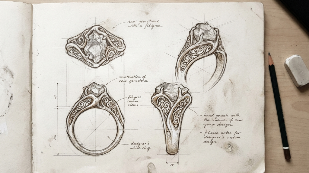 Custom jewelry design process initial concept sketch