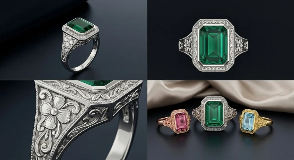 Examples of finished 3D jewelry modeling renders — ring