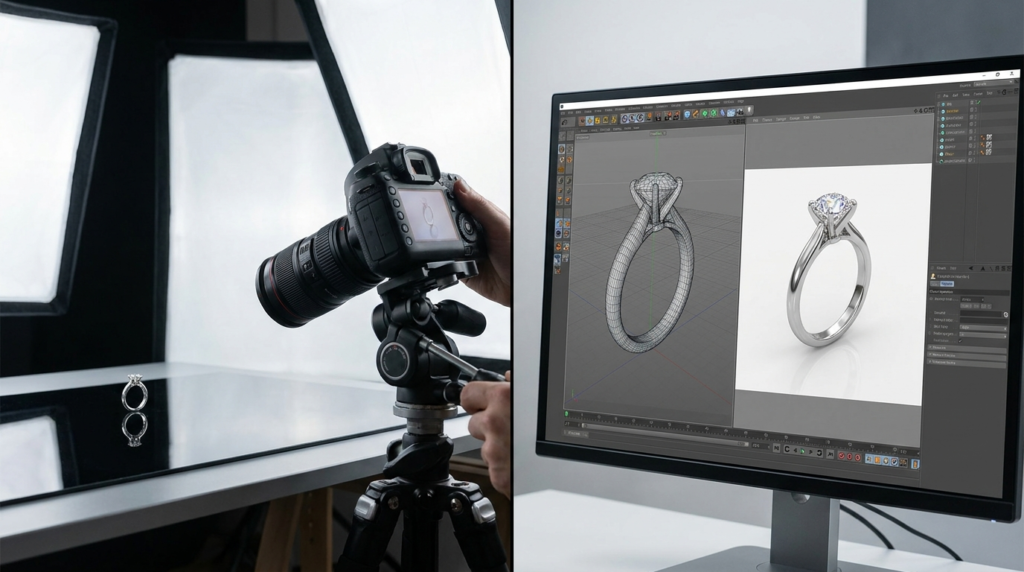 Jewelry rendering vs photography comparison setup