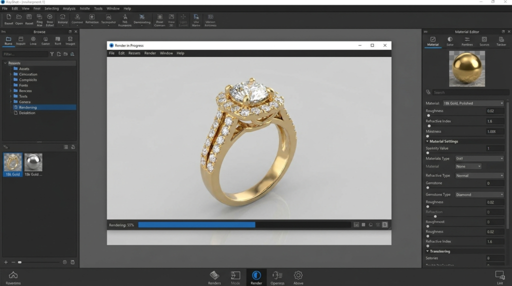 KeyShot render in progress with material settings visible