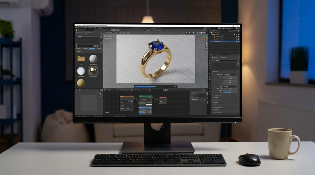 Photorealistic jewelry rendering software showing ring lighting setup