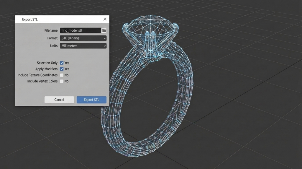 STL file export settings for jewelry manufacturing