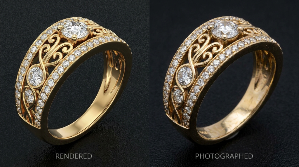 Side by side comparison of rendered jewelry and photographed jewelry