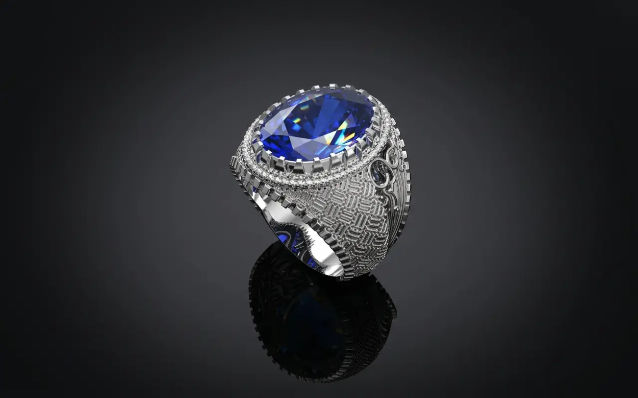 White Gold Blue Gemstone Halo Statement Ring — 3D CAD Render by Arvion Designs