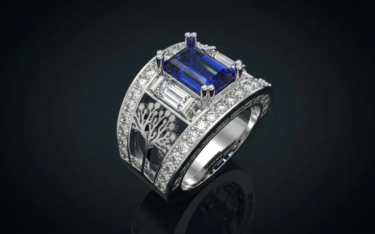 White Gold Blue Gemstone Ring with Tree Style Band — 3D CAD Render by Arvion Designs