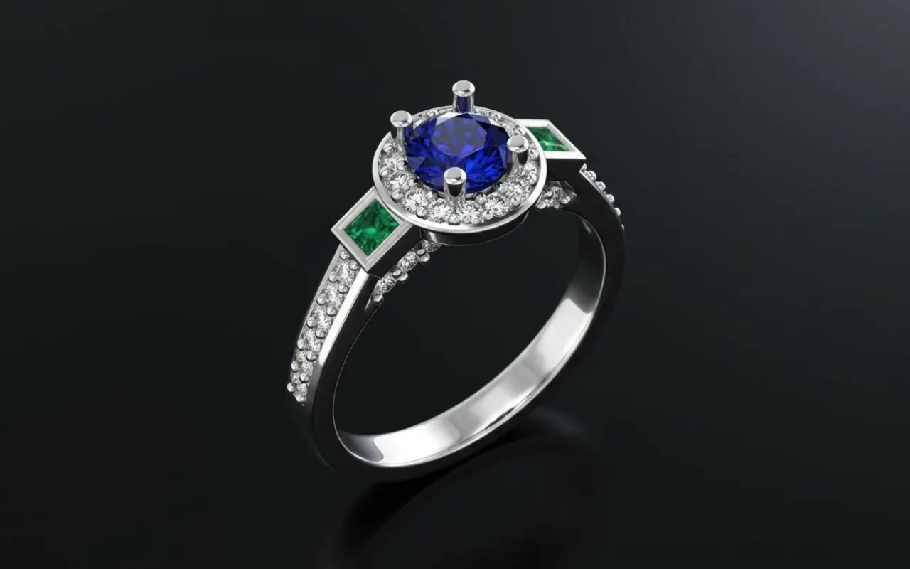 White Gold Blue Princess-Cut Halo Ring — 3D CAD Render by Arvion Designs