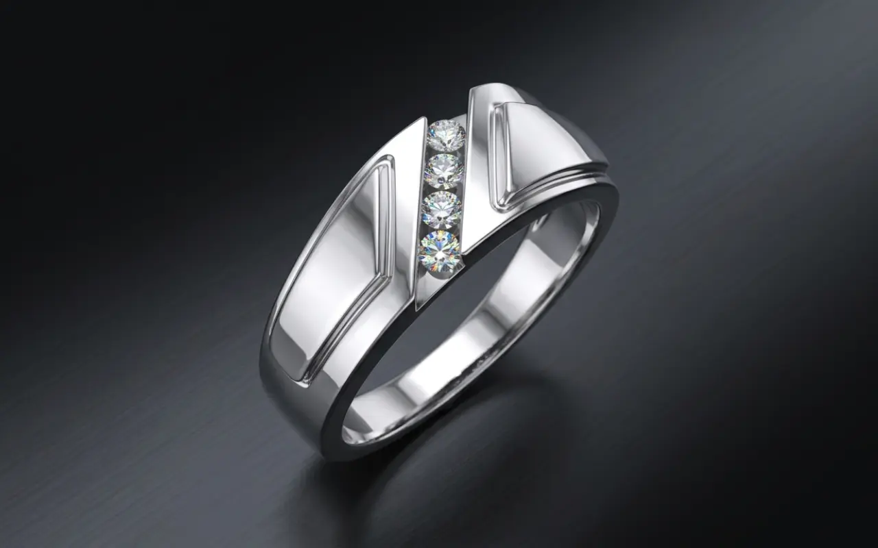White Gold Wide Band With Diagonal Gemstone Pattern Ring — 3D CAD Render by Arvion Designs