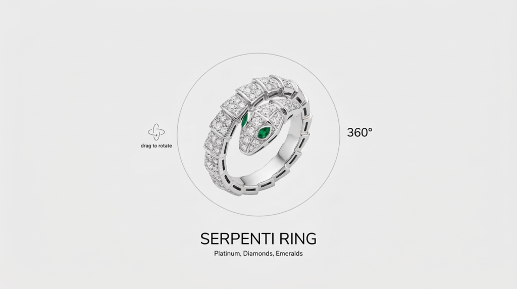 eCommerce product page featuring 360 degree jewelry animation viewer