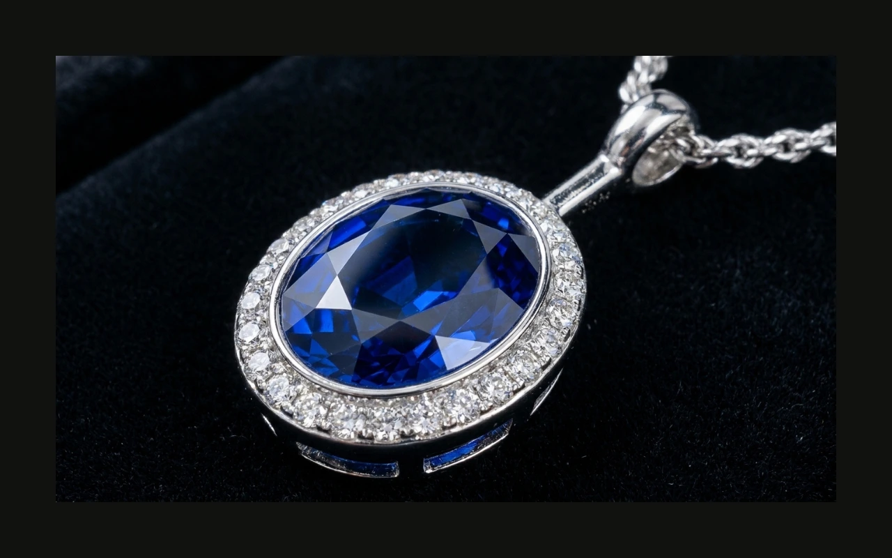 3D rendered oval blue sapphire halo pendant with diamond surround on silver chain — Arvion Designs