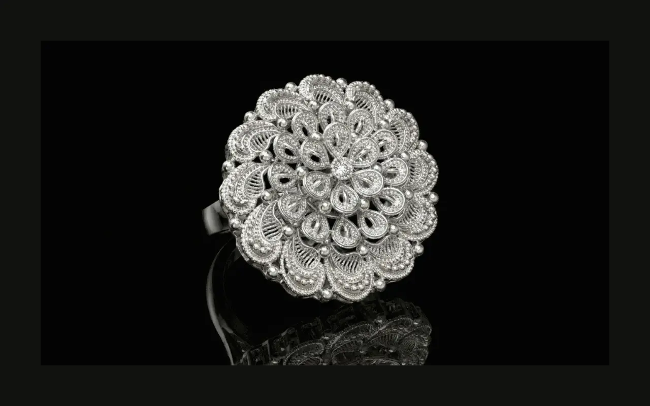 3D CAD modeled large silver filigree floral cocktail ring — detailed jewelry design by Arvion Designs