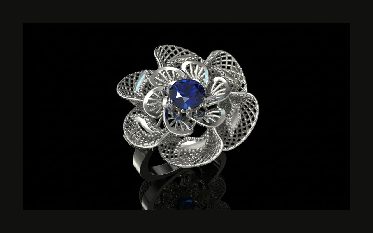 Custom 3D modeled silver filigree flower ring with oval blue sapphire — Arvion Designs
