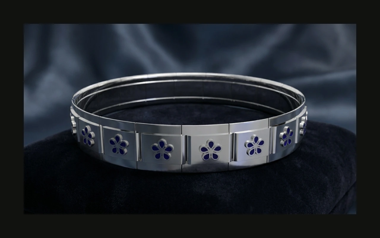 Custom 3D rendered silver bangle bracelet with black enamel and blue sapphire floral accents — Arvion Designs