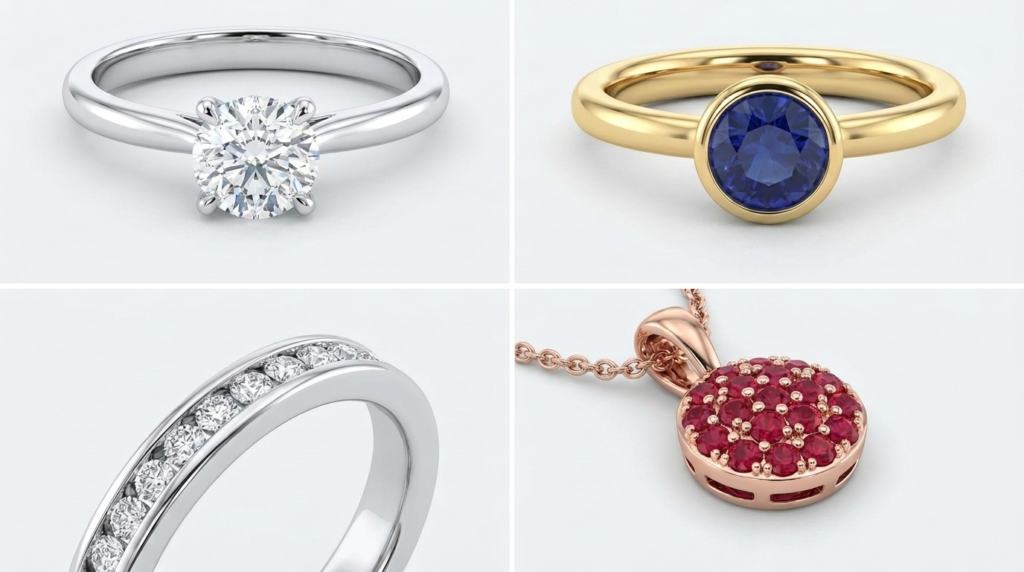 Gemstone settings 3D design showing prong bezel pave and channel styles