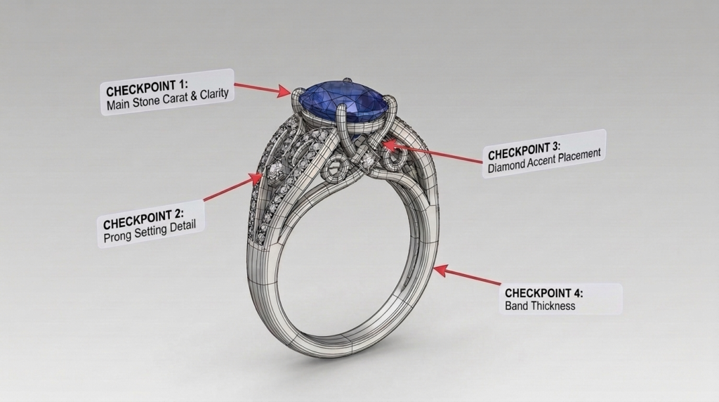 How to review a 3D jewelry render with annotated checkpoints