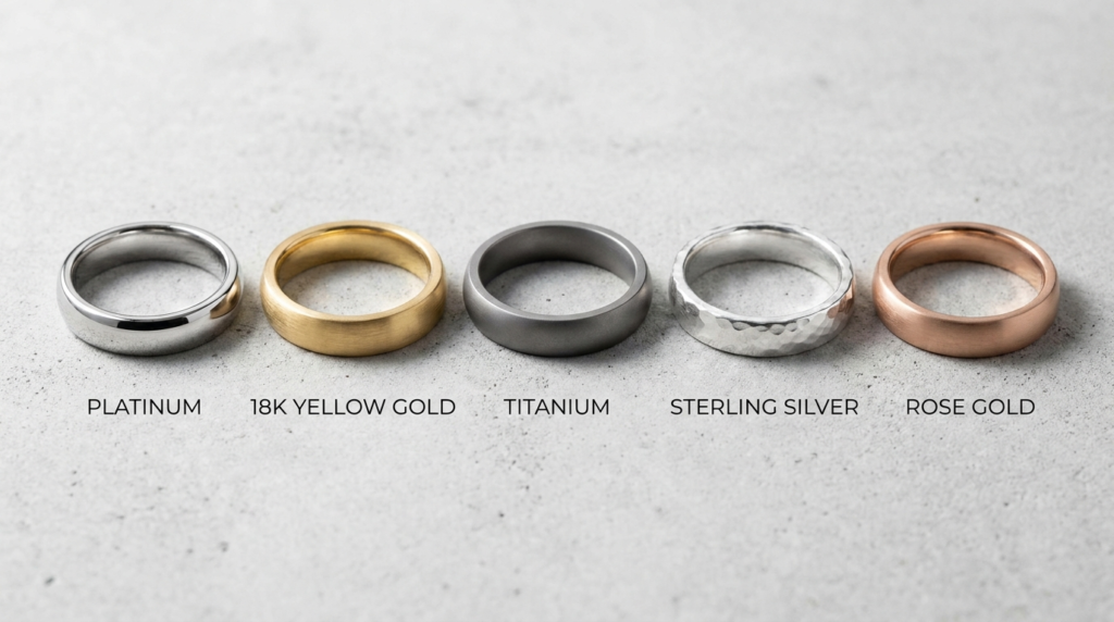 Jewelry metal types comparison gold platinum silver swatches
