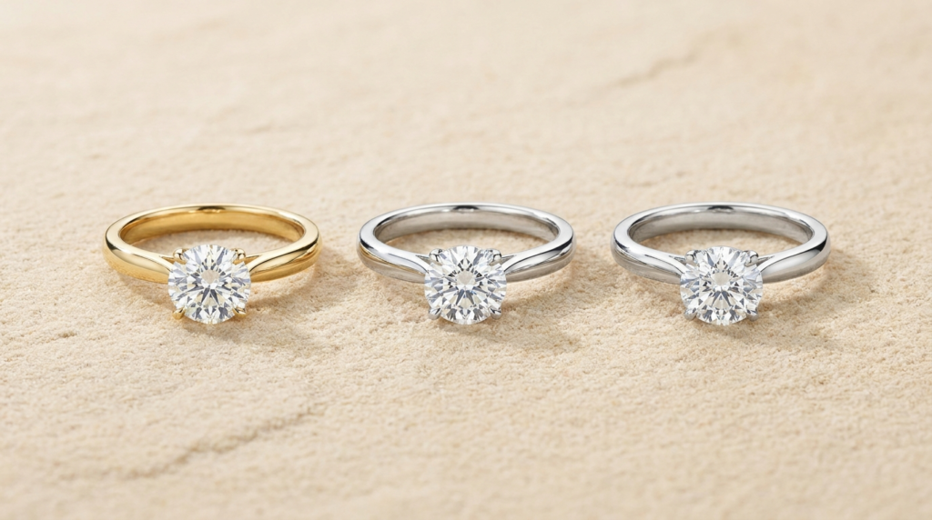 Jewelry metal types guide showing ring in gold platinum and silver
