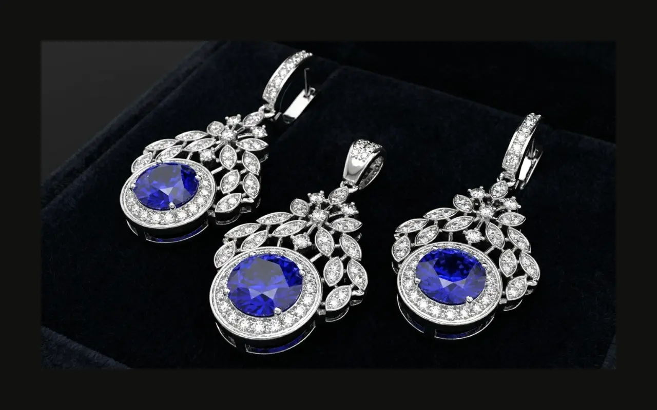 Custom 3D CAD blue sapphire chandelier jewelry set with diamond halo and filigree drops — Arvion Designs