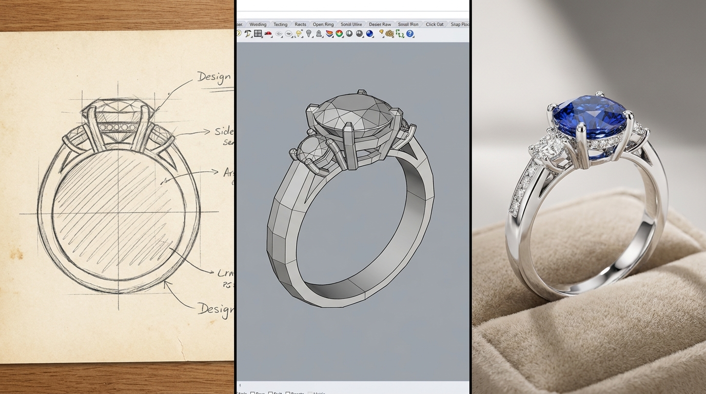 Sketch to 3D jewelry render three stage process