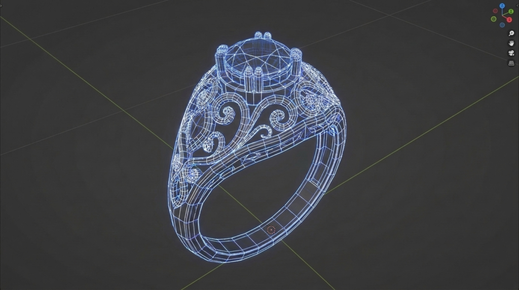 Sketch to 3D jewelry render wireframe modeling stage