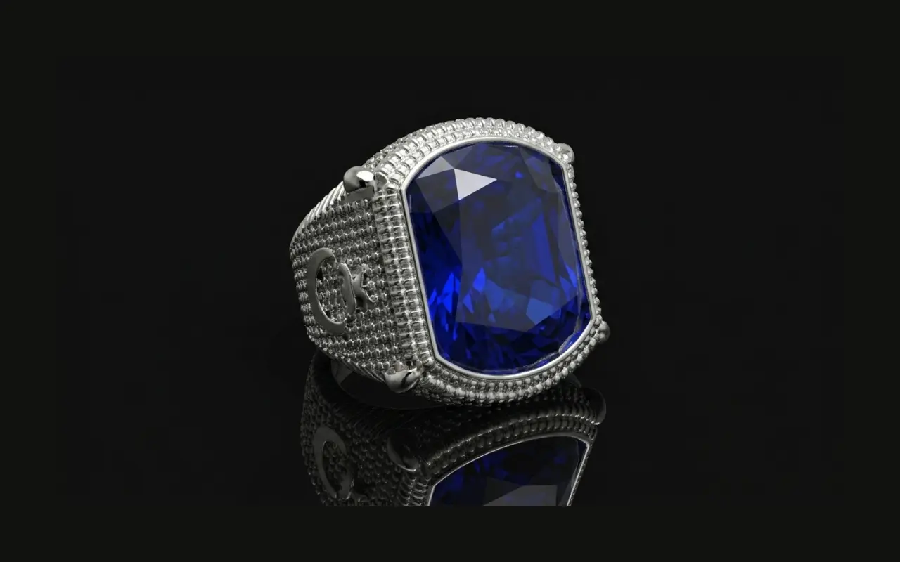 Custom 3D modeled men's silver signet ring with cushion-cut blue sapphire — Arvion Designs