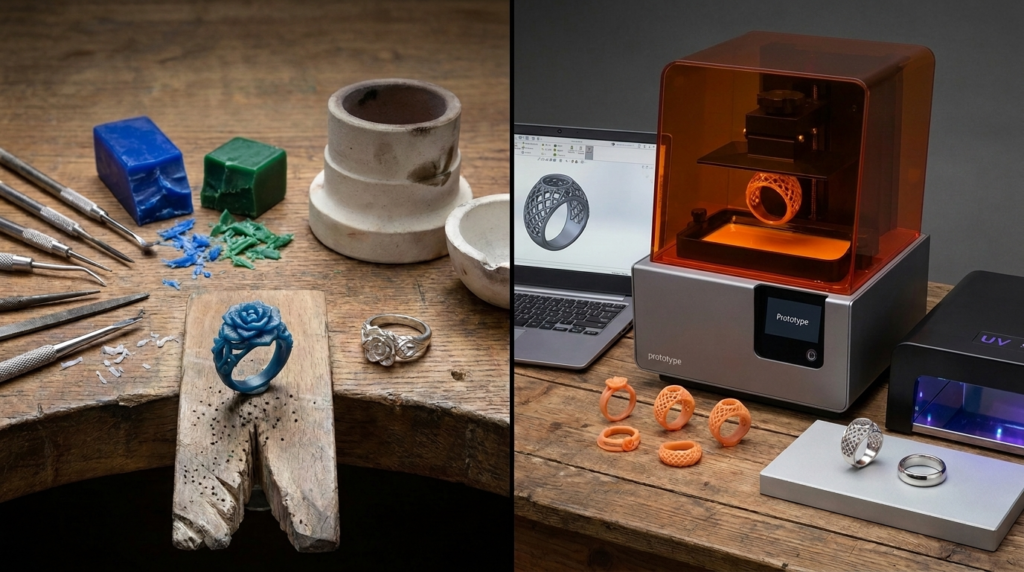 Wax casting vs 3D printing jewelry hand carved pattern