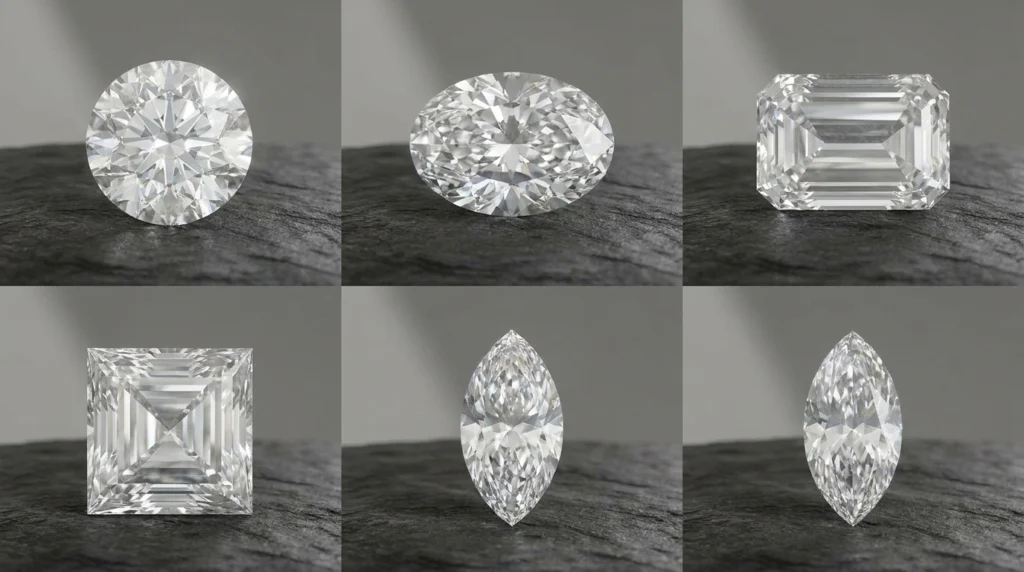 Diamond and gemstone cuts guide showing multiple shapes rendered