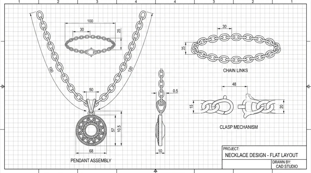 Necklace design CAD flat layout render