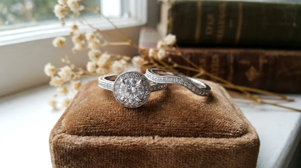 Wedding band design process paired with an engagement ring